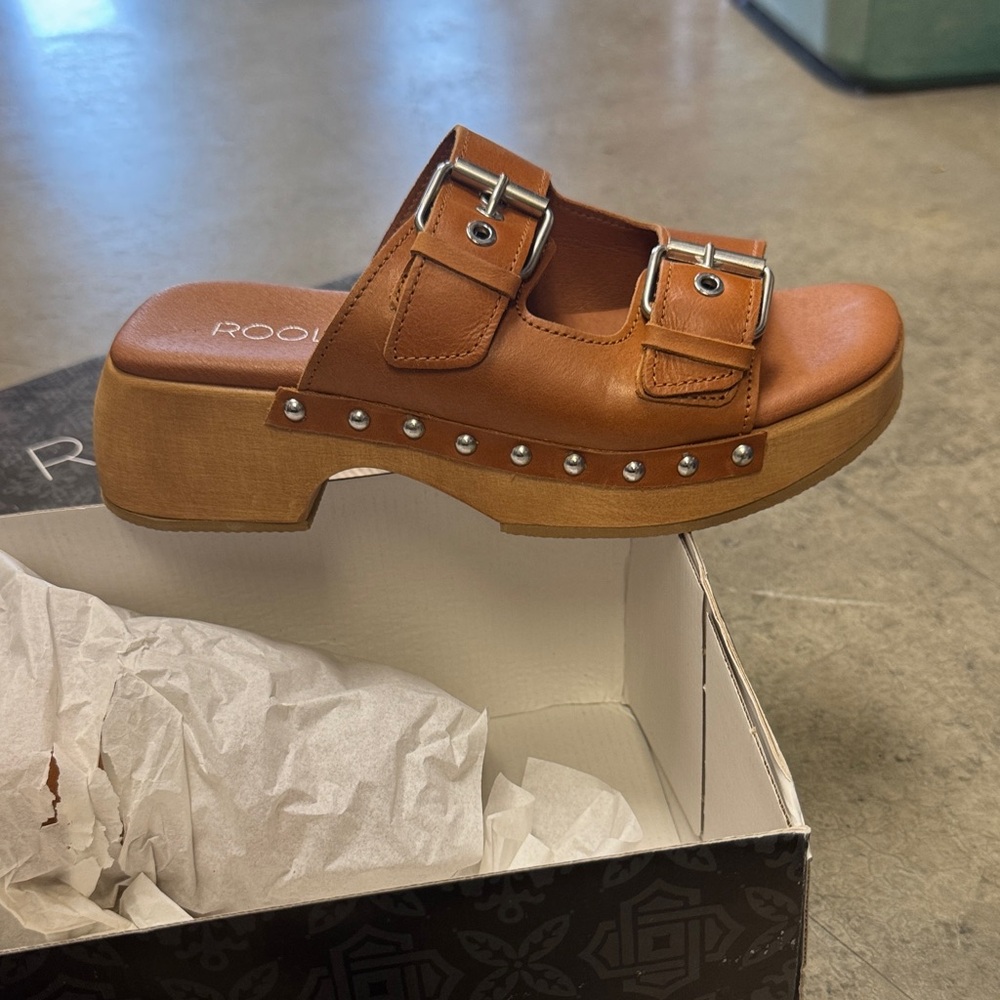 Roolee Cognac Leather Studded Clog Sandal